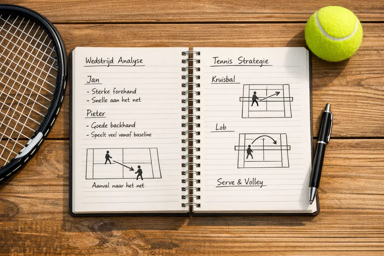 Notitieboek met tennisanalyse en strategie aantekeningen naast een racket